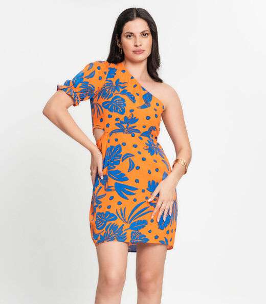 Vestido Feminino Curto Nula Manga Estampado Select Laranja