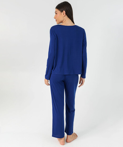 Pijama Feminino Liso Manga Longa Marisa Azul