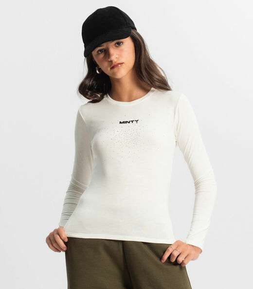 Blusa Juvenil Com Strass Manga Longa Minty Bege