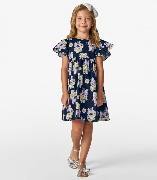 Vestido em Popeline Estampado Trick Nick Azul Marinho