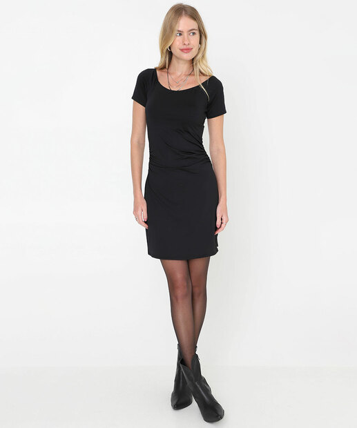 Vestido Curto Feminino Manga Curta Drapeado Marisa Preto