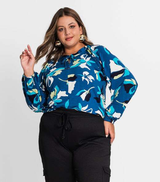 Blusa Estampada Manga Longa Plus Size Secret Glam Azul