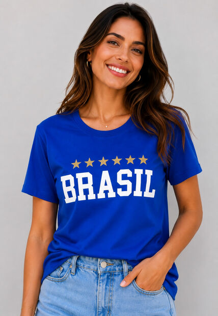 Blusa Brasil Malha Comfy Manga Curta Azul Salvatore