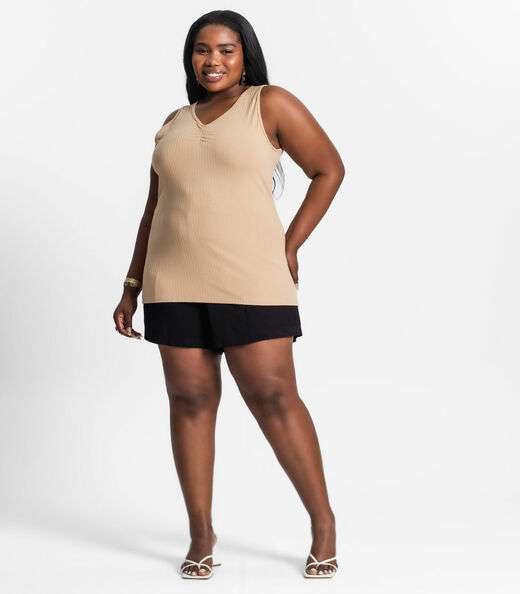 Regata Plus Size Em Ribana Canelada Secret Glam Marrom