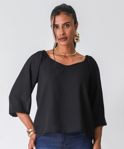 Image_Blusa Feminina Manga 7/8 Textura Marisa Preto
