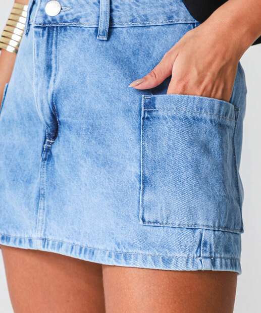 Mini Saia Jeans Feminina Cargo Marmorizada Marisa Azul