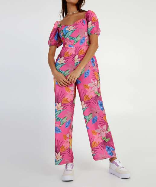 Macacão Feminino Pantalona Estampa Tropical Marisa 