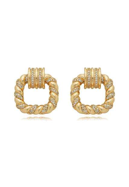 Brinco Semijoia Cravejado Vazado Com Zircônias Banho Em Ouro 18k