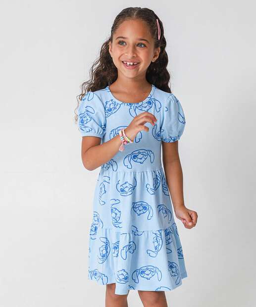 Vestido Infantil Manga Bufante Stitch Tam 4 a 10 Azul