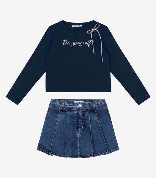 Conjunto Blusa Com Shorts Saia Jeans Trick Nick Azul