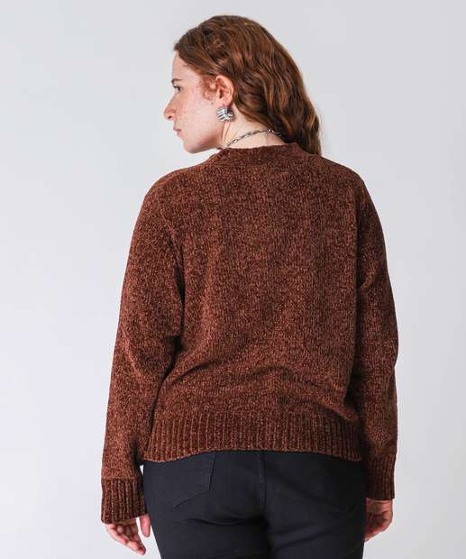 Cardigan Plus Size Feminino Chenille Botões Marisa Marrom