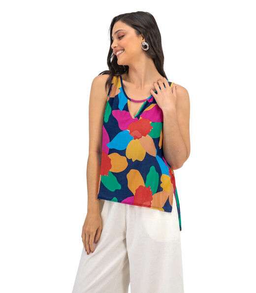 Regata Feminina Flores Assimétrica Rovitex Azul