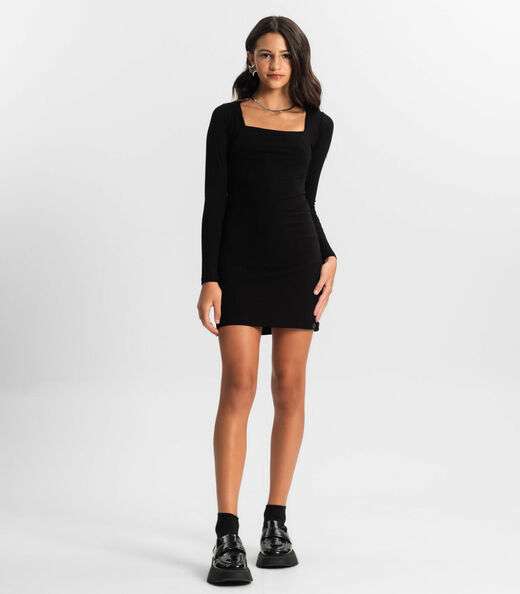 Vestido Juvenil Manga Longa Em Ribana Minty Preto