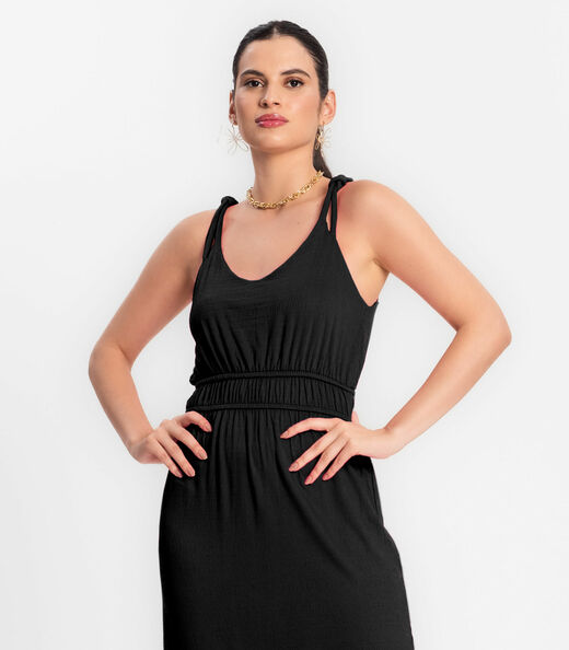 Vestido Midi Feminino Em Visco Maquinetada Endless Preto