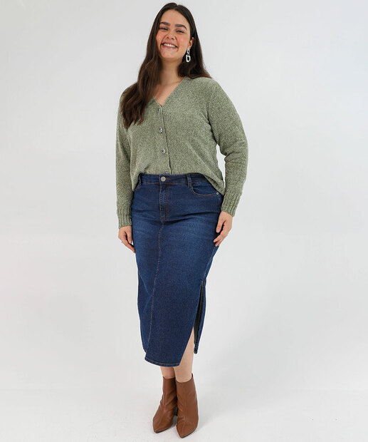 Cardigan Plus Size Feminino Chenille Botões Marisa Verde