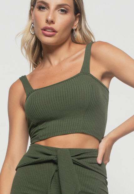 Kit 3 Croppeds  Top Faixa Comfy Malha Canelada Preto, Grafite e Verde