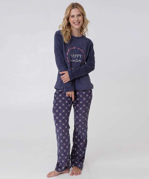 Pijama Feminino Plush Estampa Frase Manga Longa Marisa