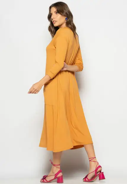 Vestido Midi Com Bolsos E Manga 7/8 Caramelo Salvatore