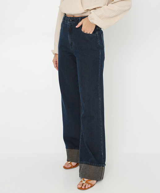 Calça Feminina Jeans Wide Leg Barra Dobrada Sawary Azul
