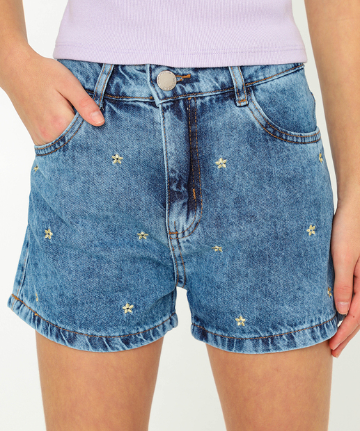 Short Juvenil Jeans Bordado Margaridas Tam 10 a 16 Azul