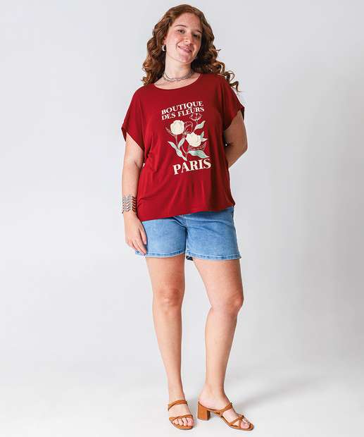Blusa Plus Size Feminina Estampa Flor Marisa Vermelho