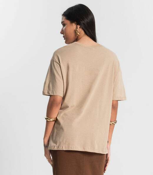 Blusa T- Shirt Feminina com Estampa Metalizada Marrom