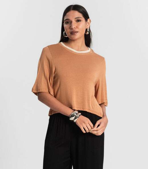 Image_Camiseta Feminina Meia Malha Manga Fluída Rovitex Marrom