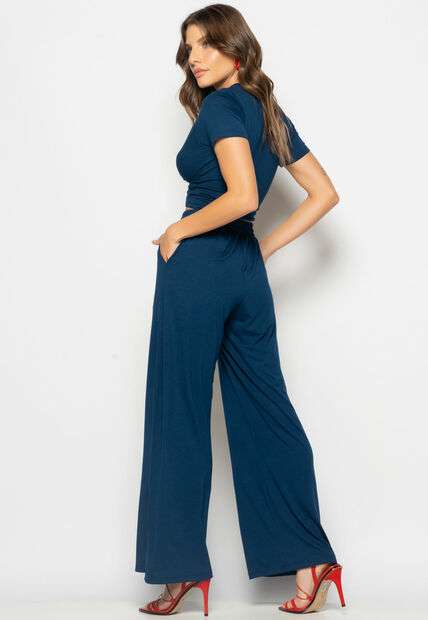 Conjunto Cropped Nó e Wide Leg Malha Azul Salvatore