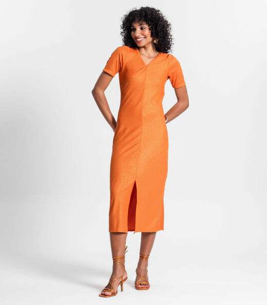 Vestido Midi Ribana Canelada Lurex Rovitex Laranja