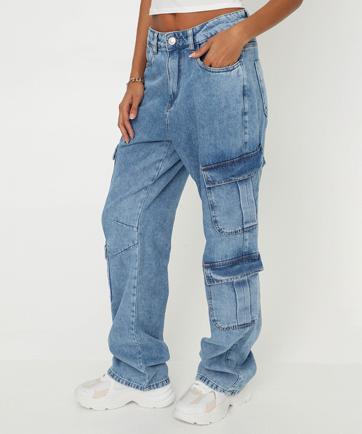 Calça Feminina Jeans Cargo Wide Leg Sawary Azul