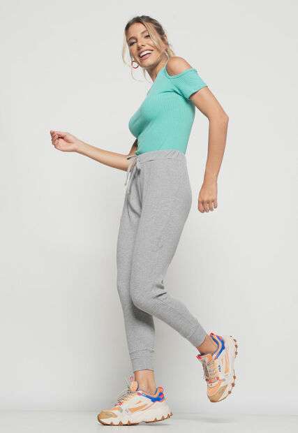 Blusa  Ombro Vazado Manga Curta Canelado Verde