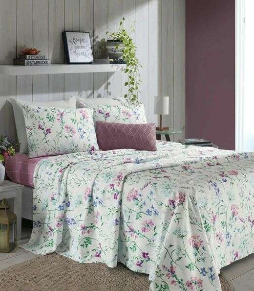 Jogo De Cama Casal Floral 200 Fios Lar e Lazer Bege