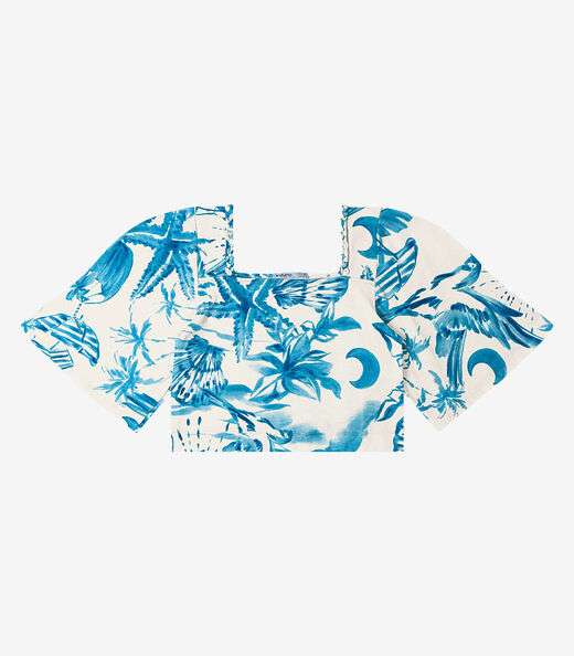 Blusa Cropped Manga Ampla em Meia Malha Endless Azul