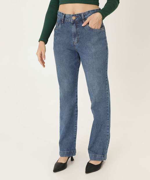 Calça Reta Feminina Bolsos Ecxo Jeans