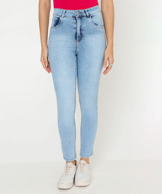 Calça Jeans Skinny Feminina Cintura Média Azul