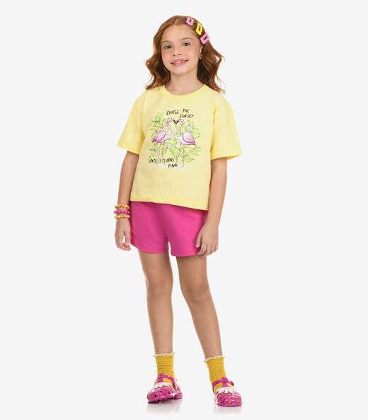 Conjunto Blusa com Shorts Meia Malha Rovi Kids Amarelo
