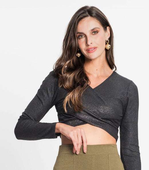 Blusa Feminina Em Ribana Canelada Lurex Rovitex Preto