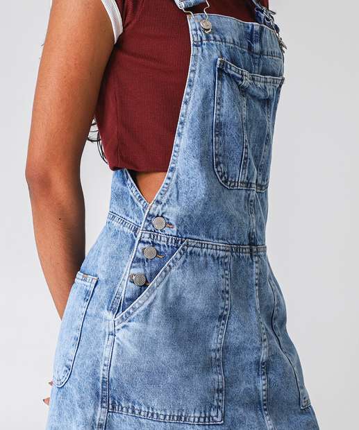 Salopete Feminino Jeans Bolsos Azul