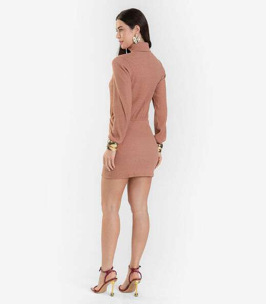 Vestido Canelado Manga Longa Com Gola Nolita Rosa