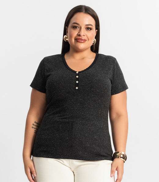 Blusa Feminina Manga Curta Ribana De Linho KO Preto