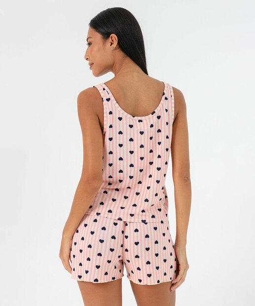 Pijama Feminino Listrado Corações Marisa Off White