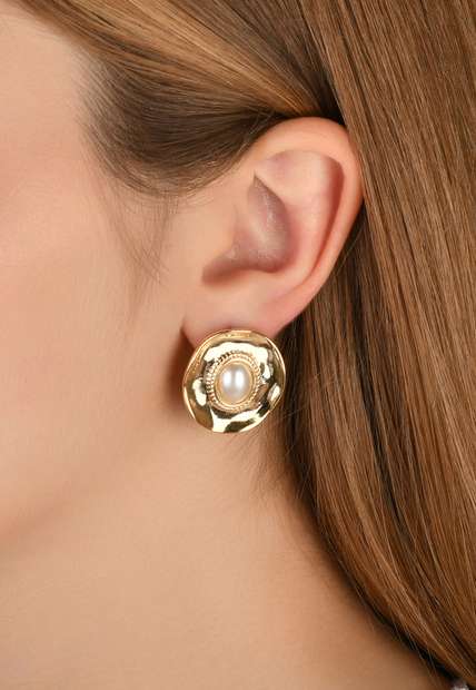 Brinco Semijoia Orgânico Com Pérola Banho Em Ouro 18k