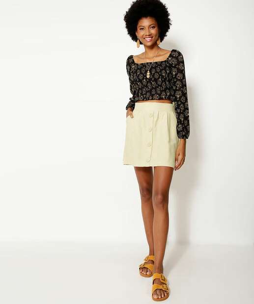 Blusa Cropped Feminina Chiffon Floral Manga Longa Marisa