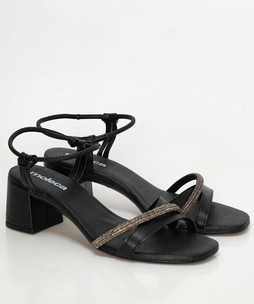 Sandália Feminina Salto Grosso Strass Moleca Preto