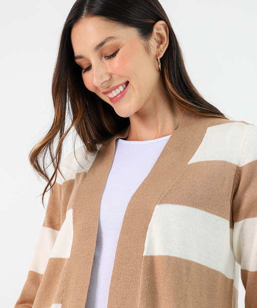 Cardigan Feminino Tricô Listrado Alongado Marisa Marrom