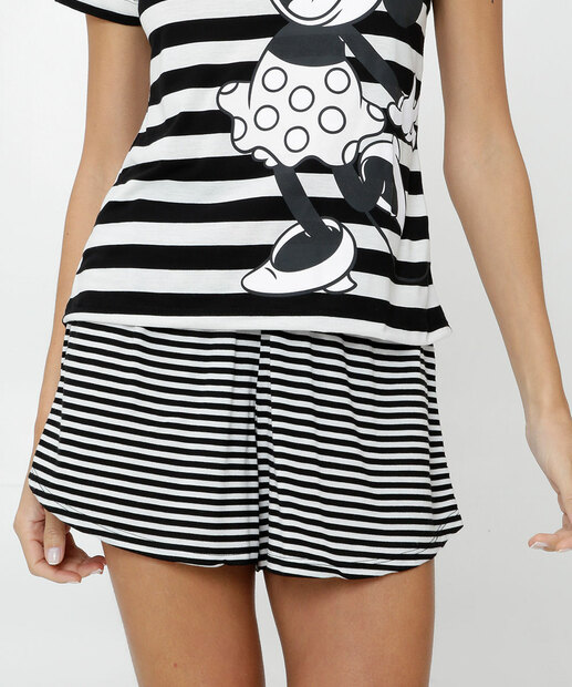 Pijama Feminino Listrado Minnie Manga Curta Disney