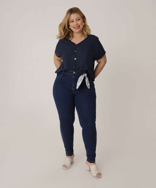Blusa Plus Size Feminina Viscose Botões Marisa Azul