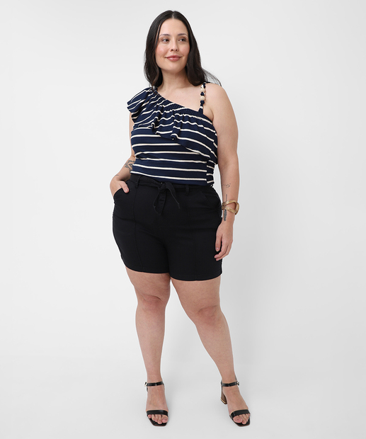 Blusa Plus Size Feminina Listrada Babado Marisa Azul