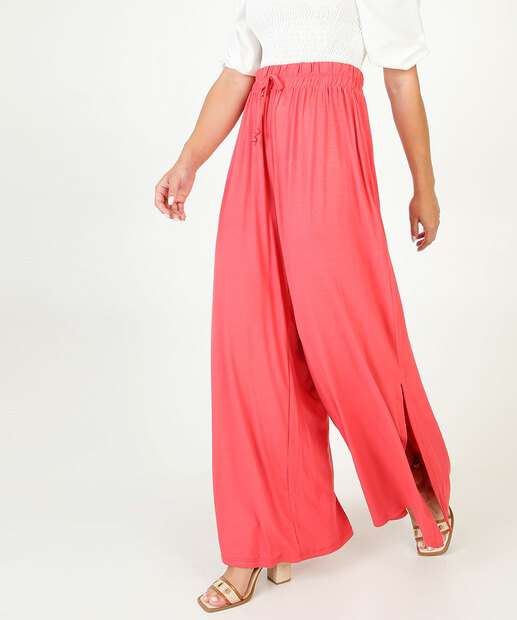 Calça Wide Leg Feminina Amarração Fendas Marisa 