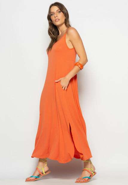 Vestido Longo Alcinha Com Barra Arredondada E Bolsos Telha Salvatore